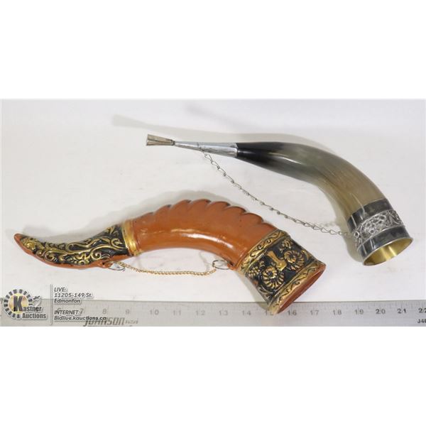 TWO DECORATIVE HORNS. ONE IS REAL HORN,