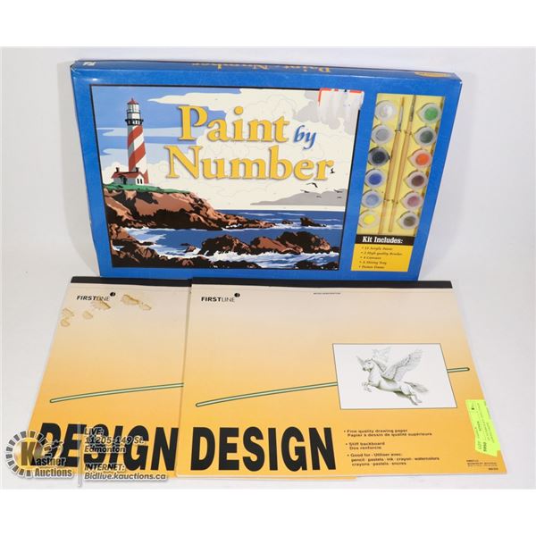 PAINT BY NUMBER KIT AND 2 PADS OF DRAWING PAPER