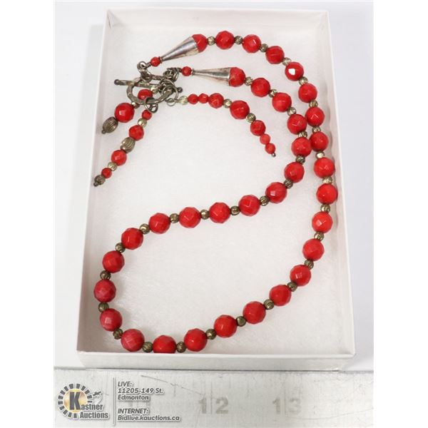 RED CORAL SILVER TONE FASHION JEWELRY