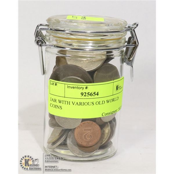 JAR WITH VARIOUS OLD WORLD COINS
