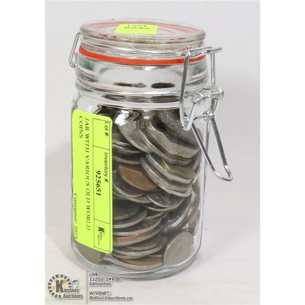 JAR WITH VARIOUS OLD WORLD COINS
