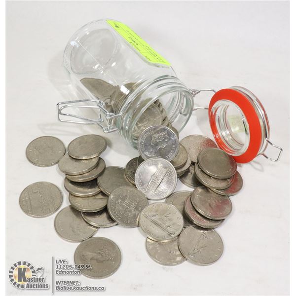 JAR WITH 43 OLD CANADA $1 DOLLAR COINS
