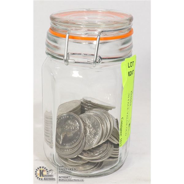 JAR WITH $30.50 FACE VALUE OLD 50c COINS