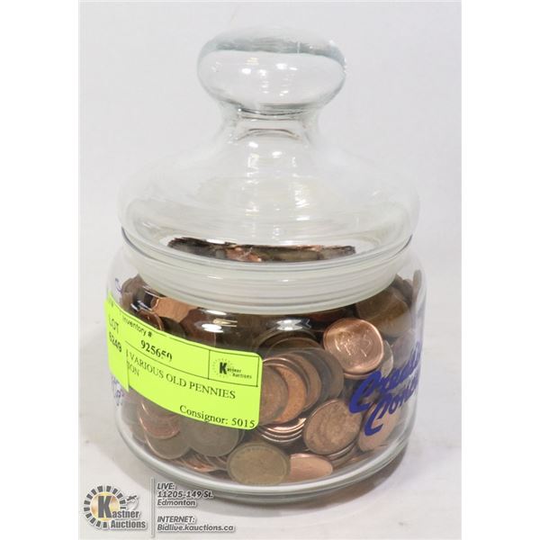 JAR WITH VARIOUS OLD PENNIES COLLECTION