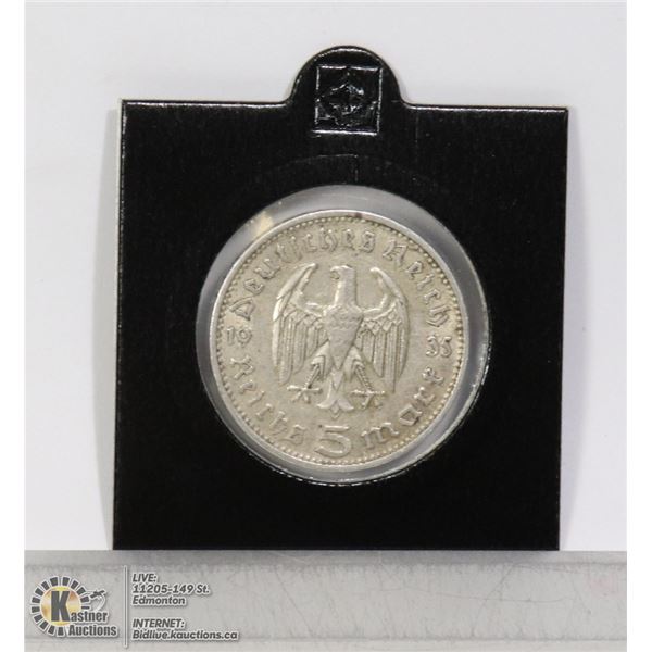 1935J NAZI GERMAN SILVER 5 MARK COIN