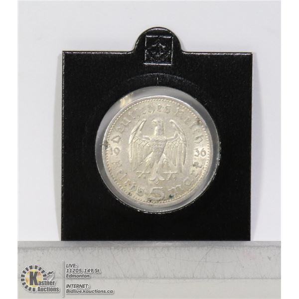 1936A NAZI GERMAN SILVER 5 MARK COIN