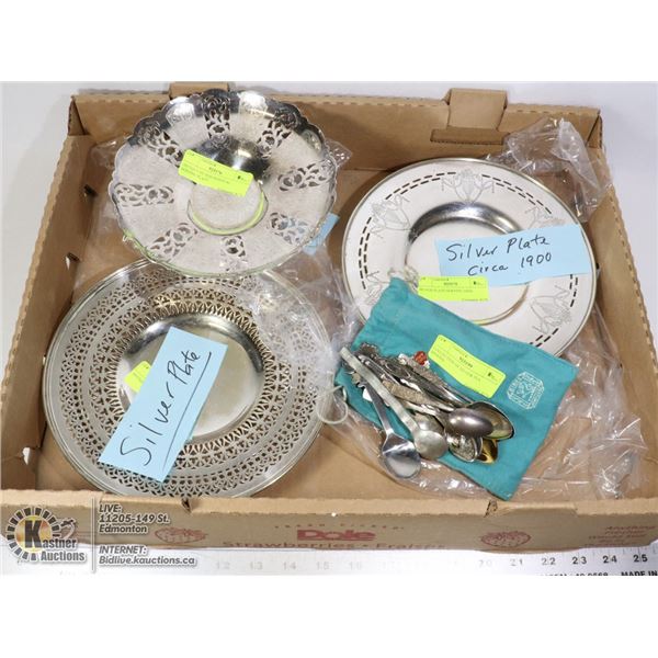 LARGE FLAT OF SILVER PLATED SERVING DISHES,