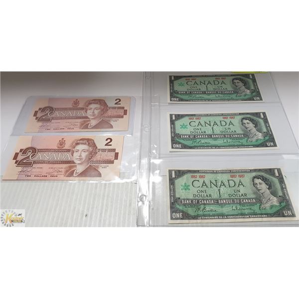 3 - 1967 CENTENNIAL $1.00 BILLS AND 2  $2.00 BILLS