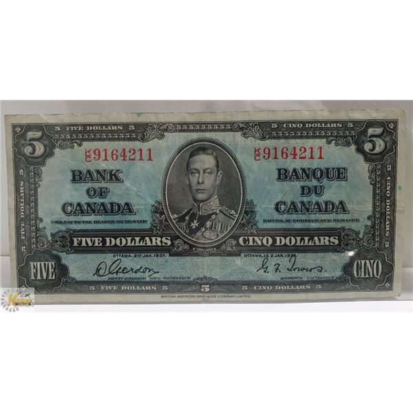 1937 BANK OF CANADA $5 DOLLAR NOTE