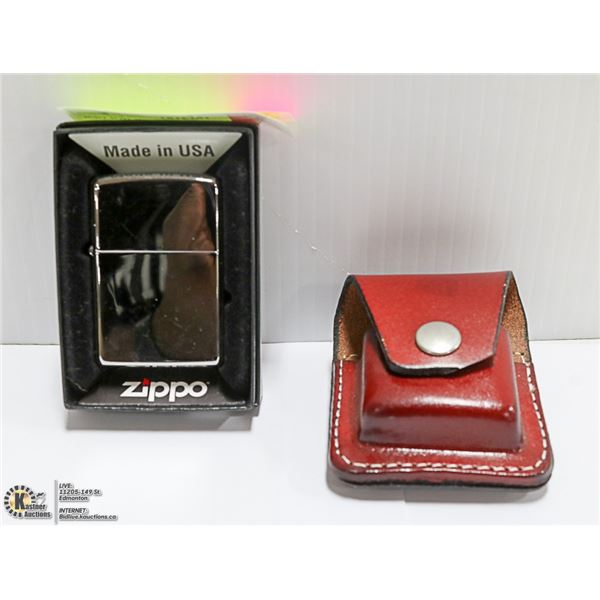 NEW ZIPPO WITH LEATHER HOLDER