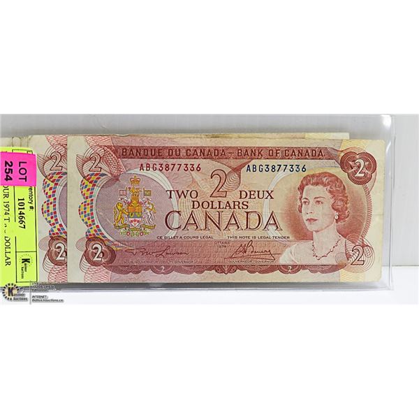 LOT OF FOUR 1974 TWO DOLLAR BILLS