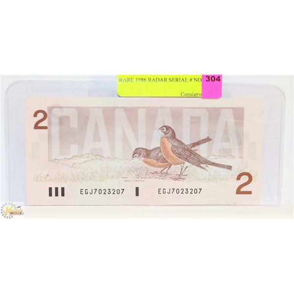 RARE 1986 $2 BILL  RADAR SERIAL # NOTE