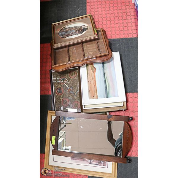 2 SHELVES OF ASSORTED PICTURES AND MIRRORS