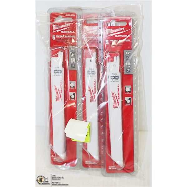 LOT OF 3 5 PACKS OF MILWAUKEE SAWZALL 6" BLADES