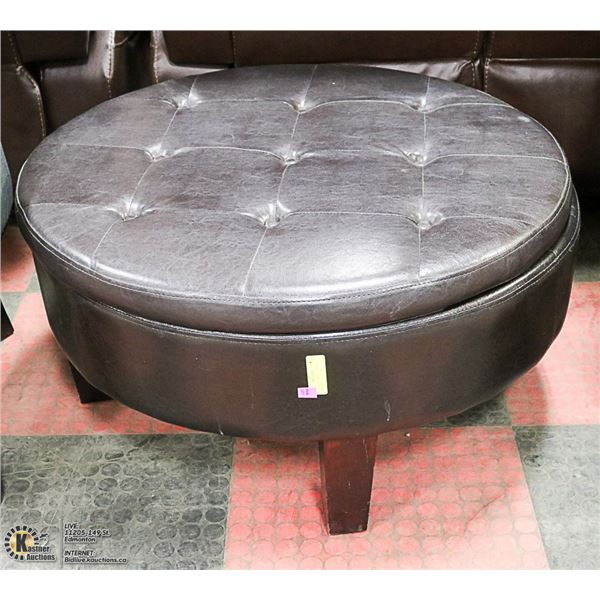 MODERN ROUND OTTOMAN IN DARK BROWN LEATHER