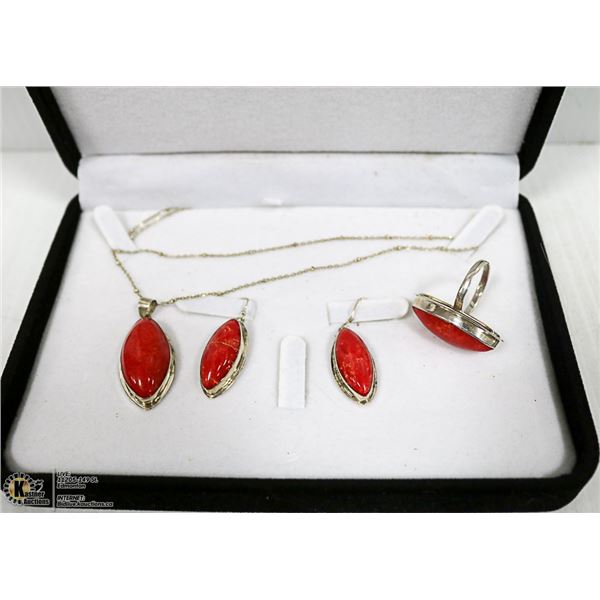 RED CORAL NECKLACE, EARRINGS AND SIZE 7 RING IN