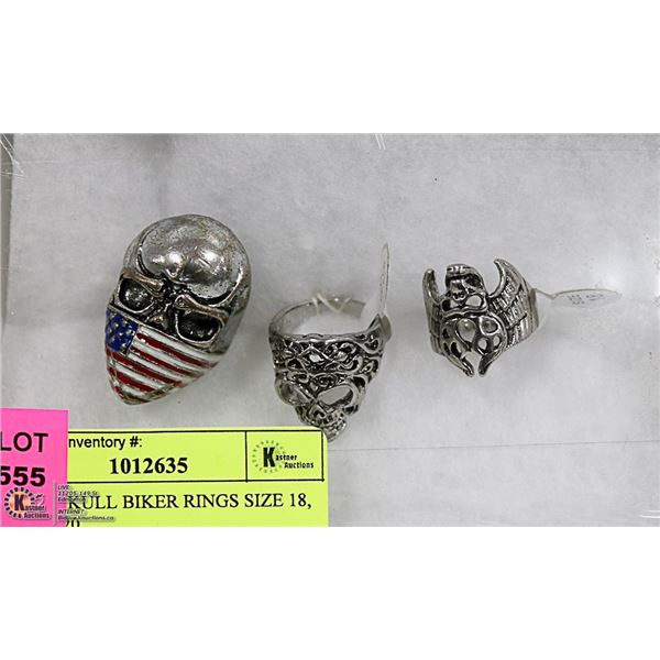 THREE SKULL BIKER RINGS SIZE 18, 19 AND 20