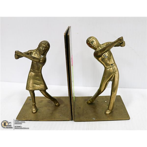 VINTAGE GOLF THEMED BRASS BOOK ENDS