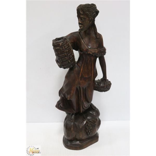 WOODEN LADY WITH BASKET FIGURINE 17" TALL
