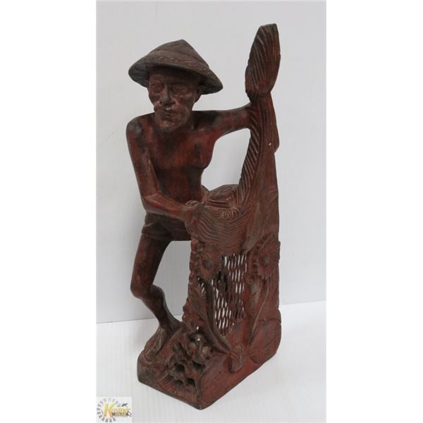 WOOD FISHERMAN STATUE 14" TALL