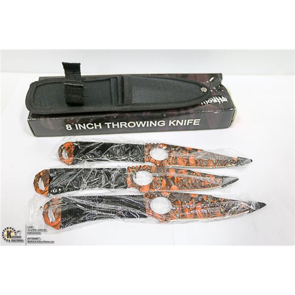 3 NEW 8" THROWING KNIVES IN SHEATH
