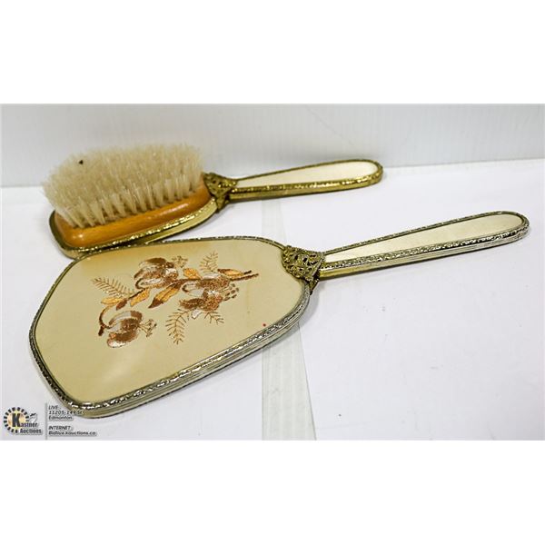 VINTAGE EMBROIDERED BRUSH & MIRROR SET