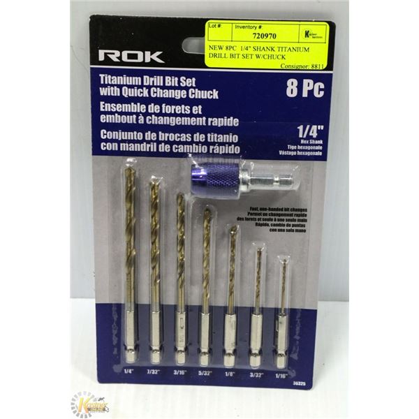NEW 8PC  1/4" SHANK TITANIUM DRILL BIT SET W/CHUCK