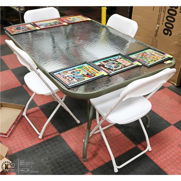 PATIO TABLE WITH 4 WHITE FOLDING CHAIRS