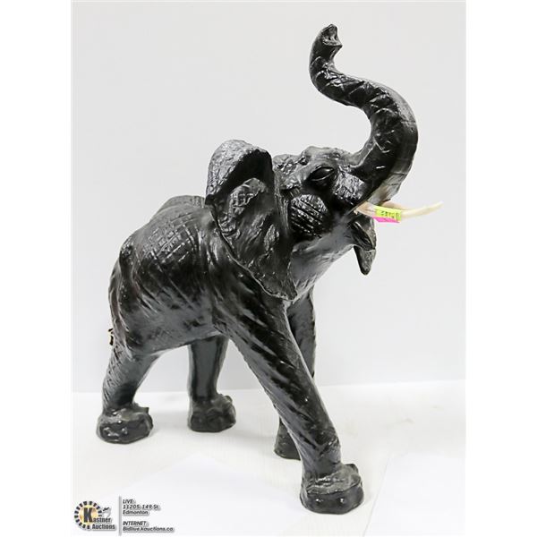 24" TALL HAND CARVED LEATHER WOOD LUCKY ELEPHANT