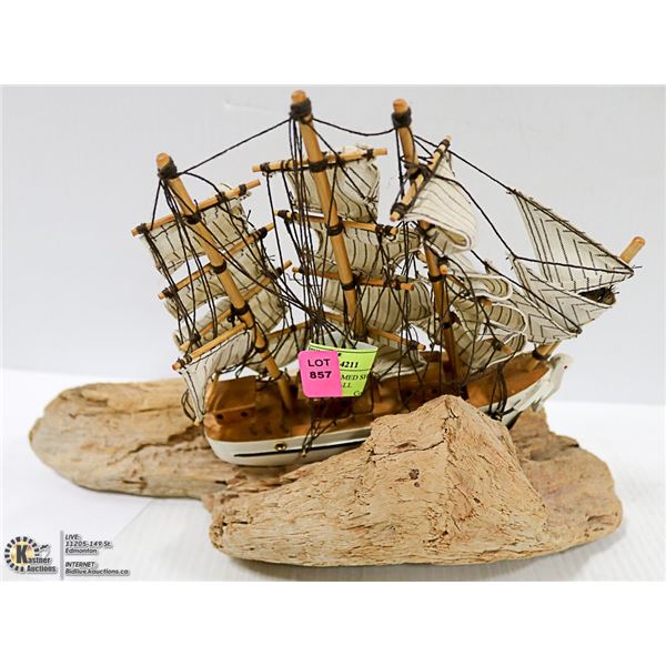 ALL WOOD UNNAMED SHIP ON DRIFTWOOD 10" TALL