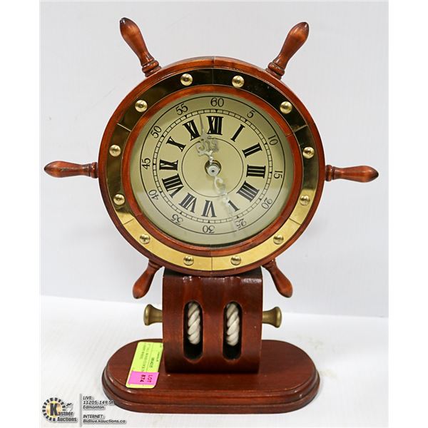 12" TALL WOOD CLOCK IN SHAPE OF A SHIPS WHEEL