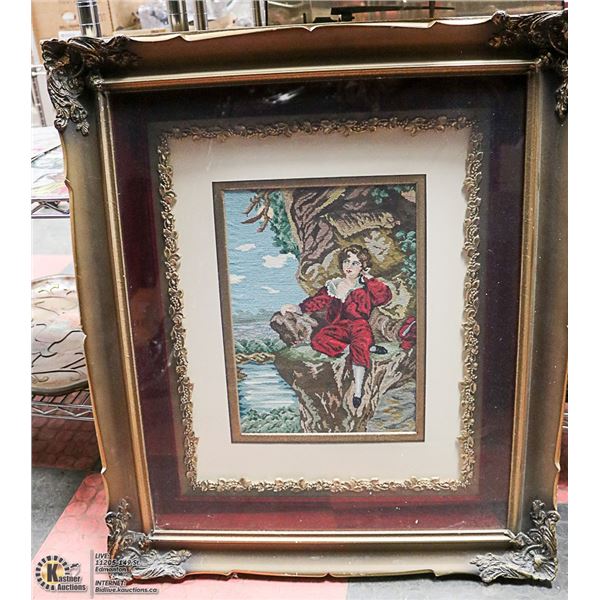 ORNATE FRAMED NEEDLEPOINT PICTURE 25" X 30"