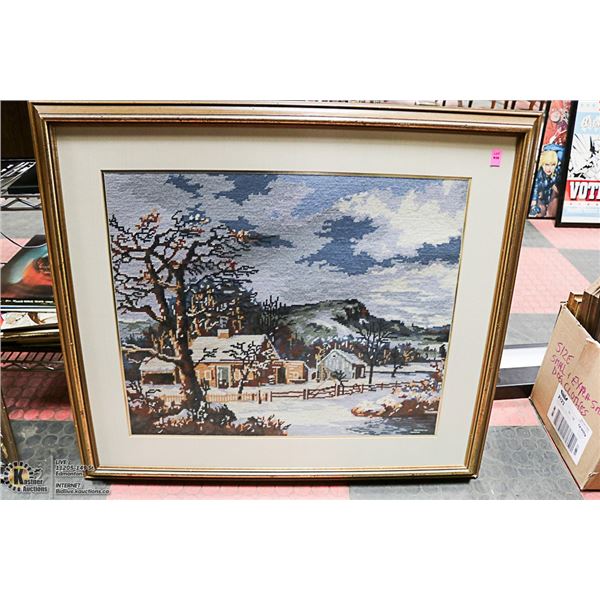 WOOD FRAMED NEEDLEPOINT PICTURE 32" X 29"