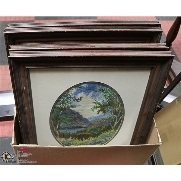 BOX OF ASSORTED NEEDLEPOINT PICTURES