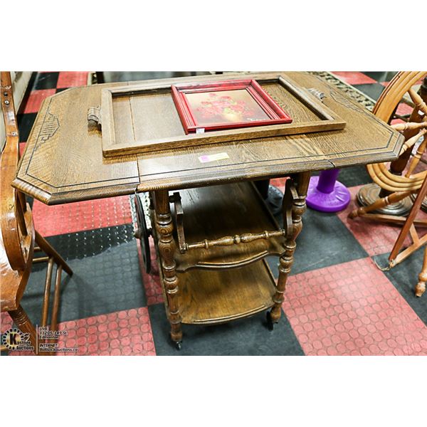 SOLID OAK DOUBLE DROP LEAF VINTAGE TEA CART