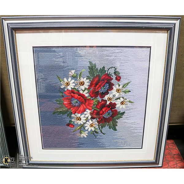 FRAMED NEEDLE POINT FLOWER PICTURE 23" X 24"