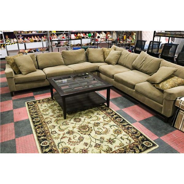LARGE LIGHT BROWN SECTIONAL WITH ACCENT CUSHIONS