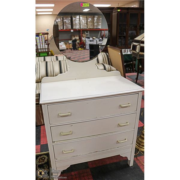VINTAGE WHITE DRESSER WITH ROUND MIRROR