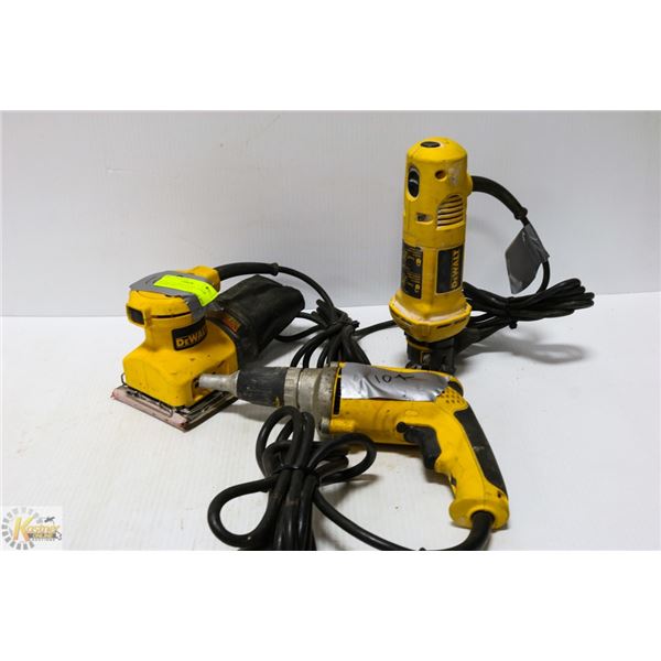 3 DEWALT POWER TOOLS - PALM SANDER, DRILL, CUTOUT