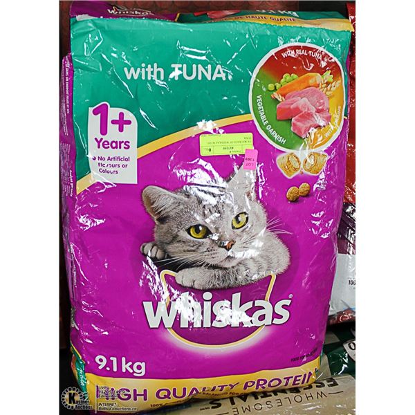 THREE 9.1KG BAGS OF WHISKAS WITH TUNA CAT FOOD