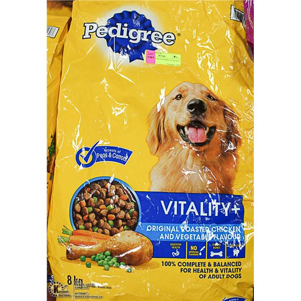THREE 8KG BAGS OF PEDIGREE VITALITY+ DOG FOOD