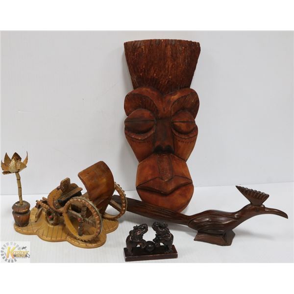 WOOD ORNAMENT LOT: INCLUDES 2 FACE MASKS, WAGON