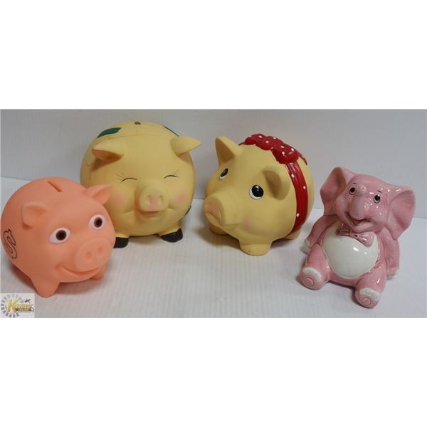 BOX OF 4 NEW PIGGY BANKS - 3 PIGS AND 1 ELEPHANT