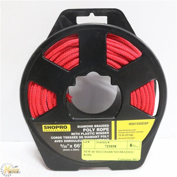 NEW 66' RED DIAMOND BRAIDED ROPE