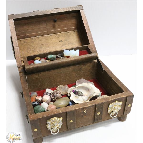 WOOD TREASURE CHEST BOX WITH COLLECTION OF