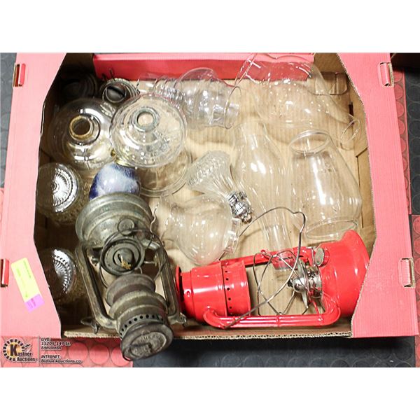 BOX WITH ASSORTED HURRICANE & OIL LAMPS
