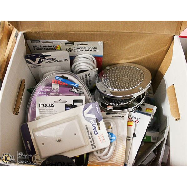 BOX OF ASSORTED NEW ELECTRONIC ITEMS CORDS