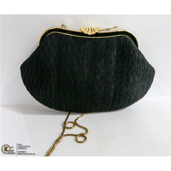 BLACK RAYON CLUTCH BAG WITH GOLD TRIM PURSE
