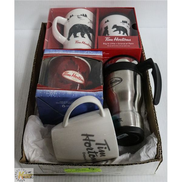 BOX W/ NEW TIM HORTONS TRAVEL MUGS & CUPS
