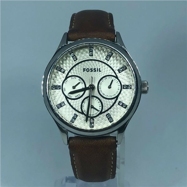NEW FOSSIL SILVER TONE BROWN LEATHER CHRONO WATCH